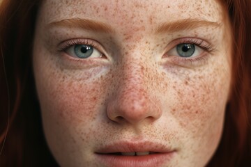 Obraz premium a close up of a woman with freckles,rosacea couperose redness skin
