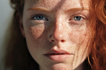 Obraz premium a close up of a woman with freckles,rosacea couperose redness skin