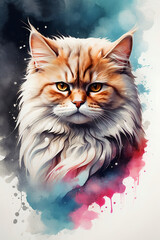  Persian Cat Gracefully Captured in a Watercolor Symphony Against a Pure White Canvas Background.