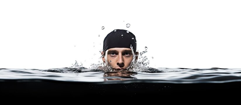 Swimming man wearing black cap, floating sideways with mouth open in pool water.