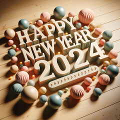 Happy New Year 2024" theme, with three-dimensional letters on a wooden floor and surrounded by colorful, light-like decorative balls. Created using generative AI tools
