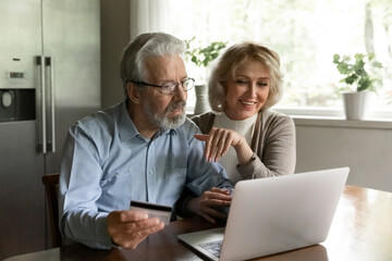 Digital payment service. Friendly older married couple pay life health insurance contribution...
