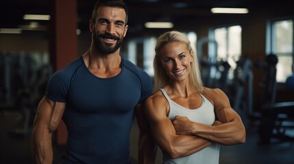 Fototapeta na wymiar happy couple exercising in gym.Generative ai