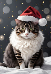 cute cat wear santa hat with snow ai generated