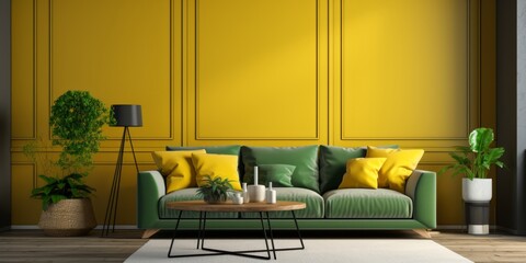 Living room in modern, cozy style with sofa and chair on yellow and green wall background furniture cosy home