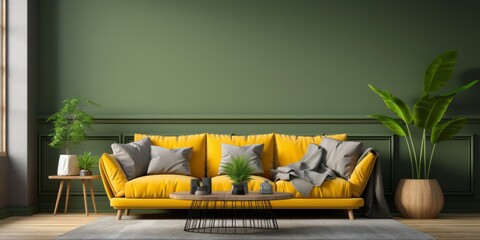 Living room in modern, cozy style with sofa and chair on yellow and green wall background furniture cosy home - obrazy, fototapety, plakaty