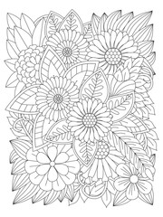 Vector doodle flowers in black and white for coloring pages. Black and white flower pattern for coloring. For adults and kids.
