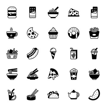 Set of Food and Drink Glyph Icon Design Vector. juice, roll, salad, bar, coffee cup, popcorn, pizza, cupcake, taco, burger, cereal, french fries, smoothie, watermelon, ice cream, hot dog, milkshake.