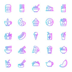 Set of Food and Drink Gradient Icon Design Vector. juice, roll, salad, bar, coffee cup, popcorn, pizza, cupcake, taco, burger, cereal, french fries, smoothie, watermelon, ice cream, hot dog, milkshake