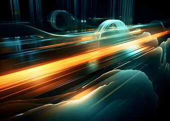 an abstract image of a train traveling through the night. Featuring User interface background, Promotional material, Speed sensation, Light streak, and Digital art concepts