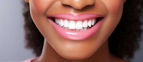 African woman showcases perfect Hollywood smile after dental treatment, representing oralcare.