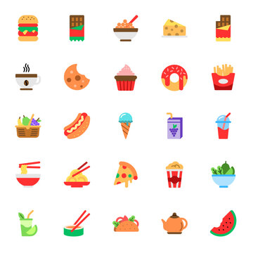 Set of Food and Drink Flat Icon Design Vector. juice, roll, salad, bar, coffee cup, popcorn, pizza, cupcake, taco, burger, cereal, french fries, smoothie, watermelon, ice cream, hot dog, milkshake.