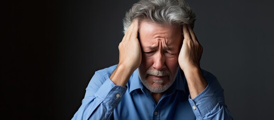 Older man experiences headaches, stress, mental health issues, brain fog, fatigue, and pain, causing him to feel frustrated and tired. - obrazy, fototapety, plakaty