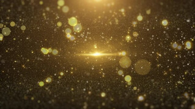 Golden glittering sparkle, flickering particle fly through on the center of lens flare. Glamour gold bokeh dynamic flowing in the air, space for new year, Christmas 4K motion loop