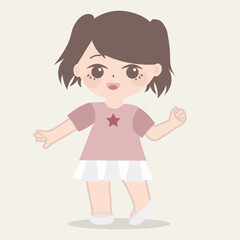  the girl is wearing a pink dress with star print in the middle, in the style of simplistic cartoon, light white and brown, energetic expressions, light red and dark brown, simple, tinycor