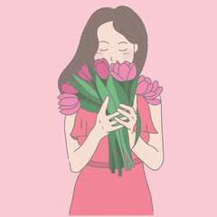 woman holding bunch of tulips, in the style of darkly romantic illustrations, light pink, cartoonish innocence, animated gifas, hallyu, romantic illustrations, emotional expression
