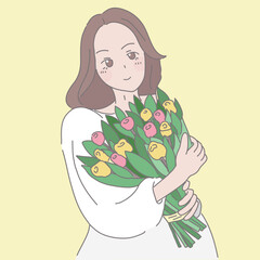 lovely flower girl holding a bouquet is holding tulips, in the style of light beige and yellow, light white and light purple, romantic illustration, emotional expression, hand-coloring