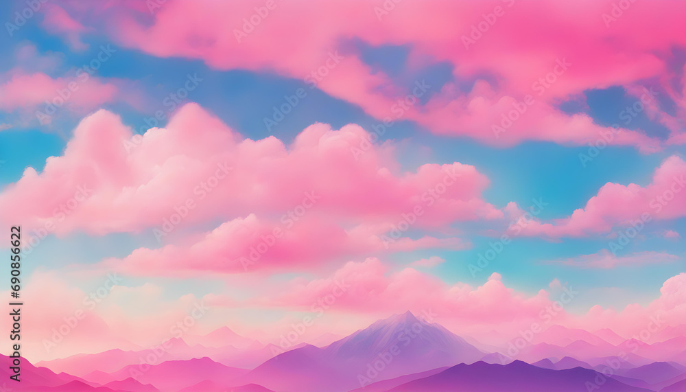Wall mural pink sky with clouds and mountains background.
