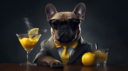 A dog appearing intoxicated while sipping a cocktail