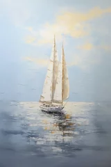 Poster sailboat ocean sky background meisje met parel cream colored room drifting spray © Cary