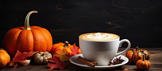 Spicy pumpkin latte, a seasonal hot drink for fall with vegan health benefits, perfect for Halloween and Thanksgiving. - Powered by Adobe