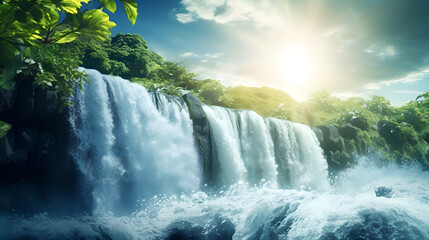 Beautiful waterfall in a tropical area that has sun MountainPeak  ValleyFloor RiverBank  CreekBed beautifully StreamFlow
