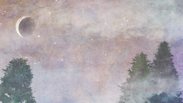モミの木と三日月のある霧のクリスマス風景イラスト｜箔入り和紙テクスチャイラスト（ラベンダー）