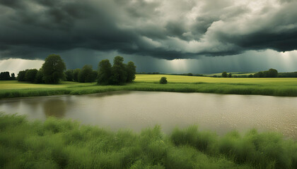 landscape with a lake in storm morning.