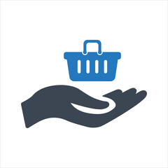 Shopping basket in hand. Food inflation icon