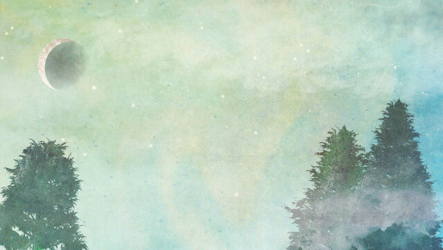 モミの木と三日月のある霧のクリスマス風景イラスト｜箔入り和紙テクスチャイラスト（ライム）