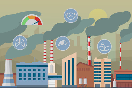 Factory pipes polluting air vector illustration. Impact of pollution on eyes, lungs, breathing organs, plants. Smog in air. Exceeding air pollution level concept