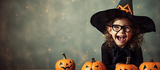 Joyful child at Halloween party wears wizard hat and glasses, dressed as a witch.