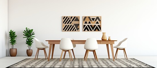 White dining room with wooden tables, geometric carpet, and black chairs in an open area.