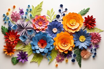 brightly colored paper flowers arranged white surface clay super sharp details catalog various styles cut away splash page