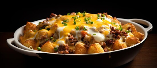 Combine cooked beef, bacon, cheese, tater tots, cheese soup, and sour cream in a large bowl to make a bacon cheeseburger tater tot casserole. - obrazy, fototapety, plakaty