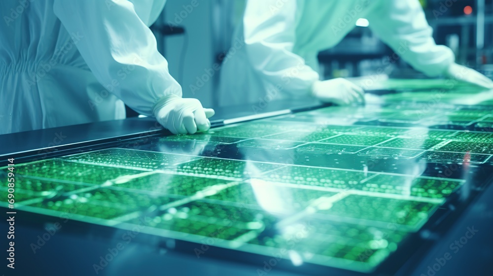 Poster processing of solar panels production at the advanced factory. renewable energy concept. generative 
