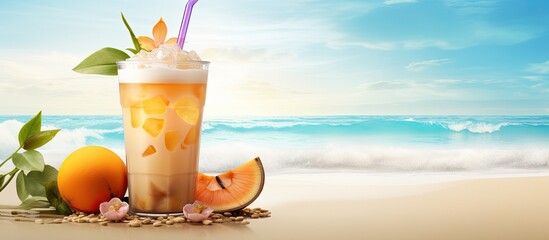 Vibrant milk tea with a scenic fruit infusion.