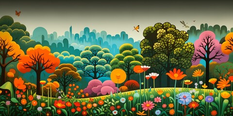 illustration forest flowers trees still despicable field view girl suburban neighborhood loony toons topiary meadows - obrazy, fototapety, plakaty