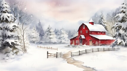 red barn snowy landscape fence cartoon scenery storybook design serene scene