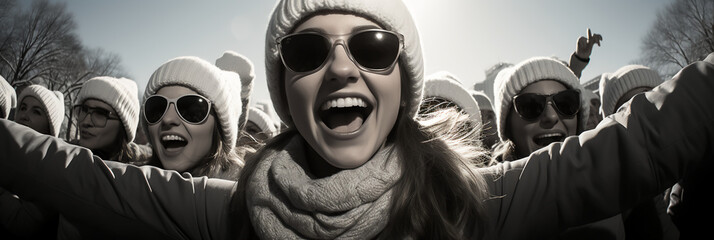 Smiling woman in crowd - winter - cold - protest - concert - holiday - parade - fashion 