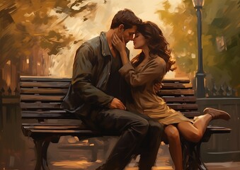 couple sitting bench park urban romance book cover illustration kissing setting holding intimately two people amazing woman loves demon background