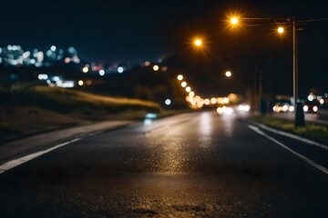 Fototapeta na wymiar Nighttime access to the city via an asphalt road. a focused selection. blurry backdrop