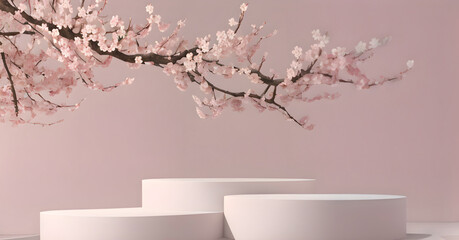 3 round podium with cherry blossom in pink background, for product display mockup ai generated - obrazy, fototapety, plakaty
