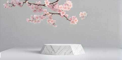 marble stone podium with cherry blossom product display mockup ai generated