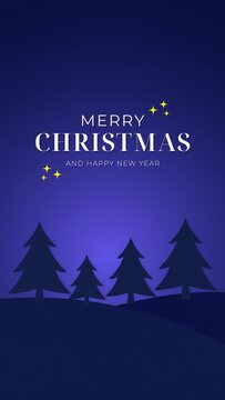 Merry Christmas and Happy New Year greetings video vertical, with tree pines on top of the mountain, snowflakes, and stars at night. blue background