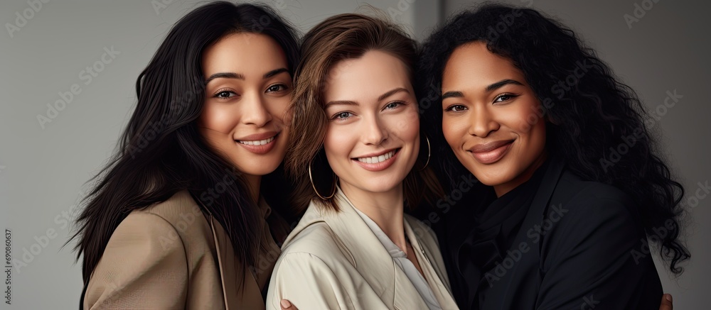 Wall mural Multiracial businesswomen embracing and working on new project in office, looking at camera.