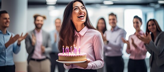 Young professional celebrating her birthday at work with colleagues, blowing out cake candles while coworkers cheer. - obrazy, fototapety, plakaty