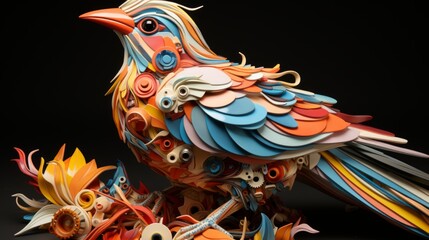 Fototapeta premium A vibrant feathered creature emerges from a mosaic of hues, its whimsical cartoon form exuding a playful energy through its vibrant beak and artfully arranged pieces