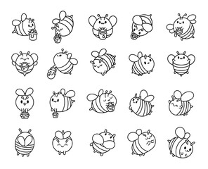 Cartoon cute bee character. Coloring Page. Kawaii insect holding honey pot. Hand drawn style. Vector drawing. Collection of design elements.