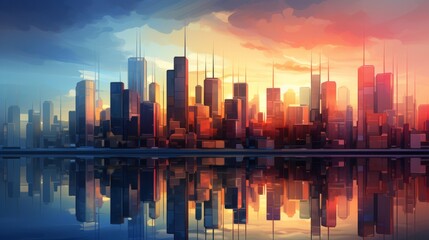 As the fiery sun sets over the city skyline, its reflection dances on the tranquil waters of the lake, surrounded by towering skyscrapers and a dreamlike landscape